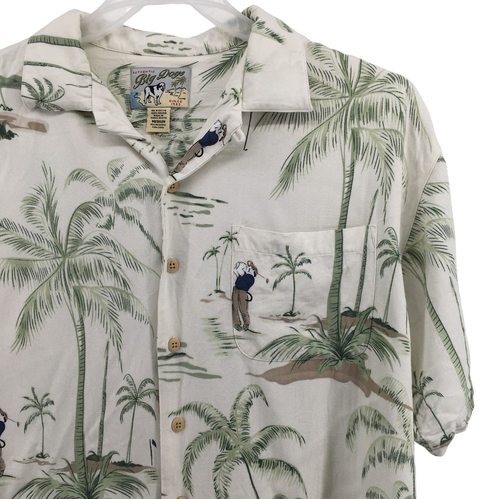 Big Dogs Hawaiian Shirt Mens Med Cream Tropical Golf Palm Tree Rayon Button Up